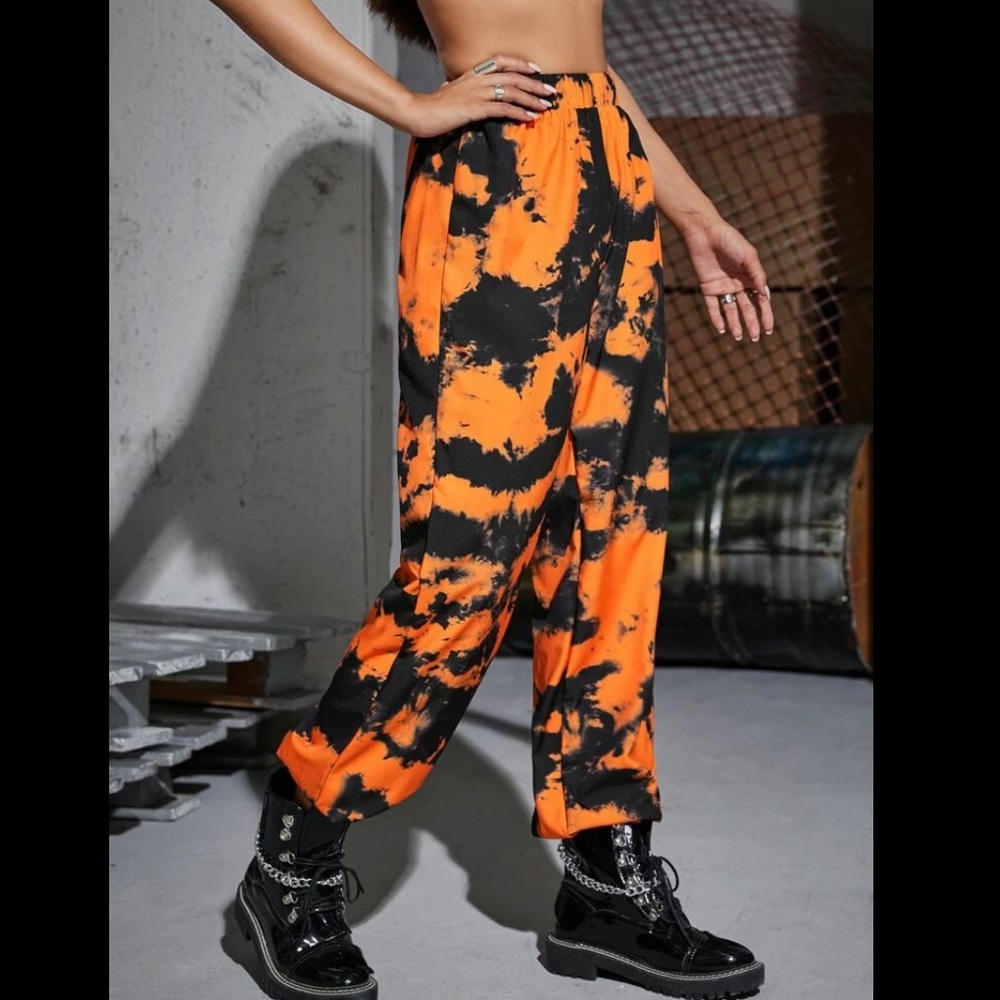Orange and black elastic waist tye dye sweatpants